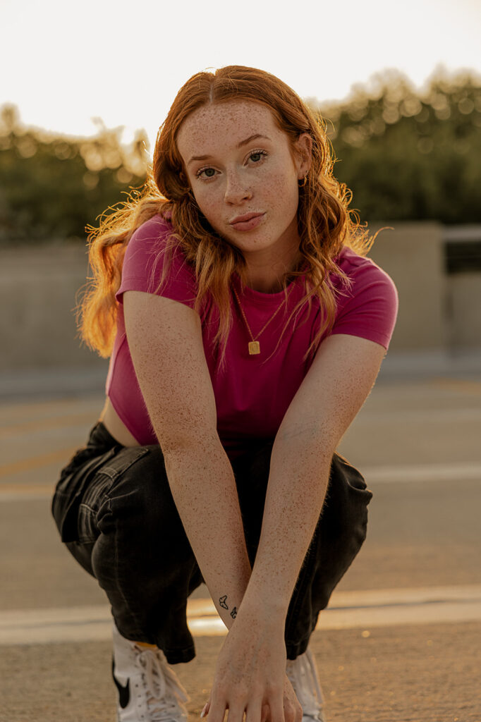 sunset golden hour parking garage senior pictures in iowa