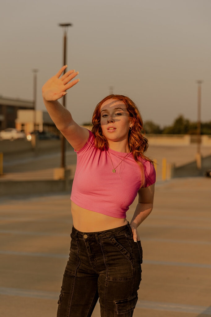 sunset golden hour parking garage senior pictures in iowa