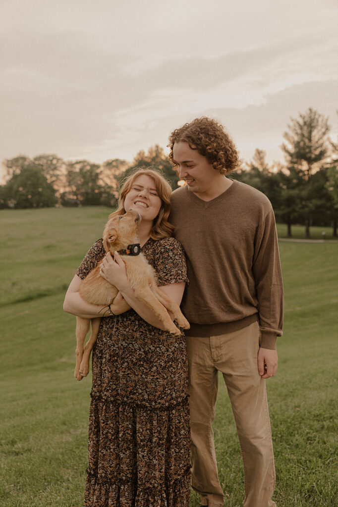 summer engagement photos with dog outdoors