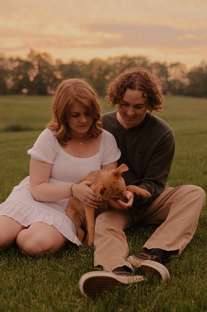 sunset engagement session with dog