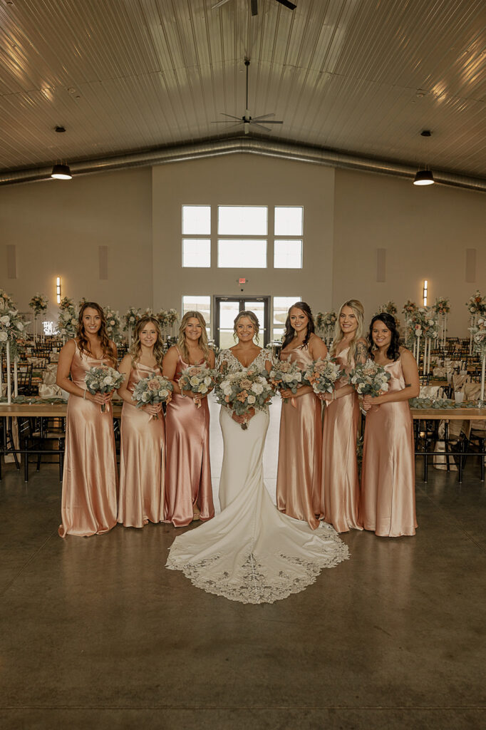 bridal party photos fall bridesmaids dresses colors champagne pink