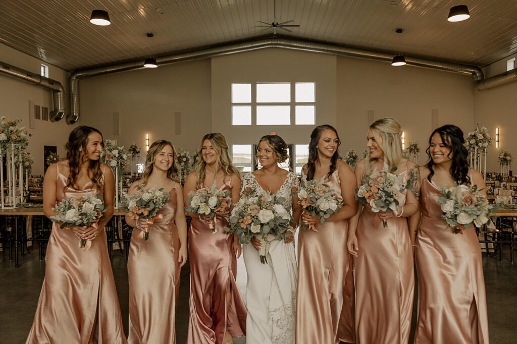 bridal party photos fall bridesmaids dresses colors champagne pink