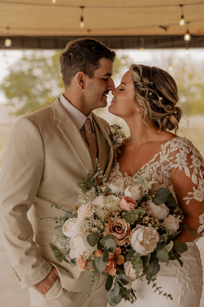 bride and groom portraits fall wedding flowers