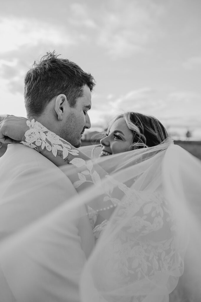 golden hour bridals with bride and groom at iowa wedding