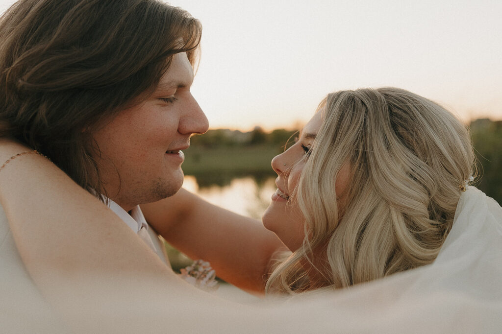 outdoor sunset wedding portraits golden hour