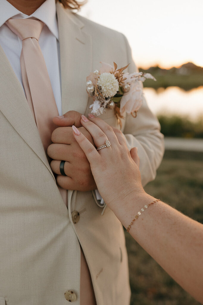 golden hour sunset wedding photos with bride and groom