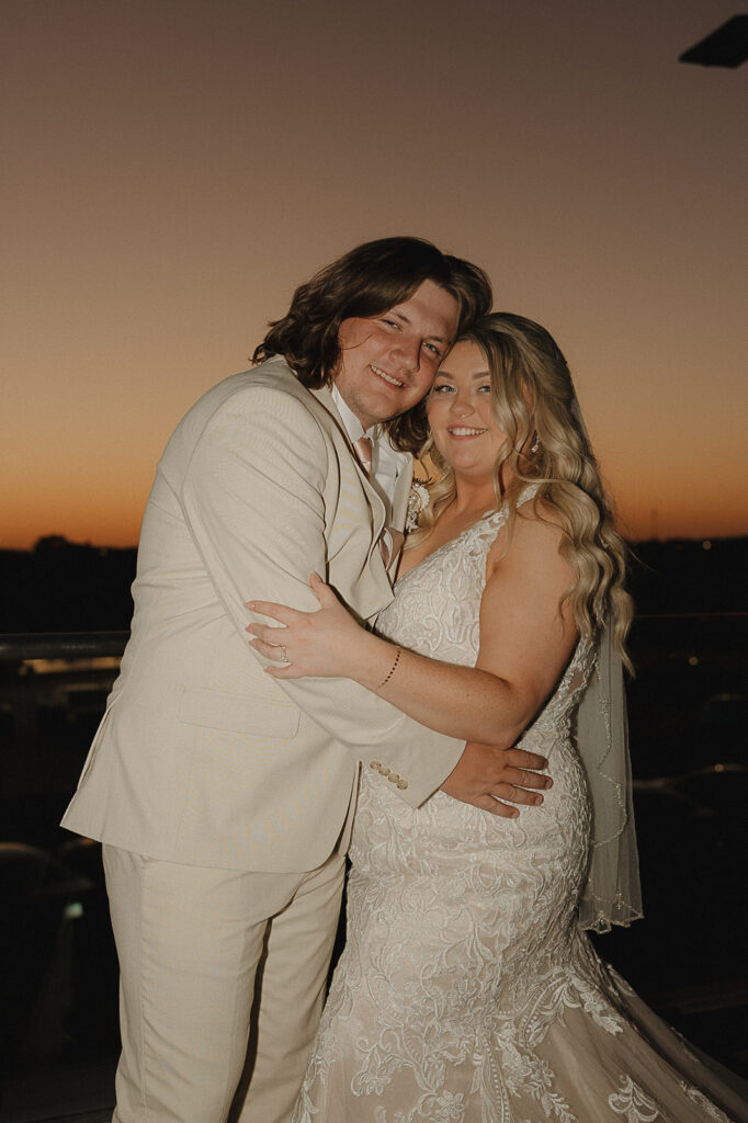 sunset portraits with bride and groom