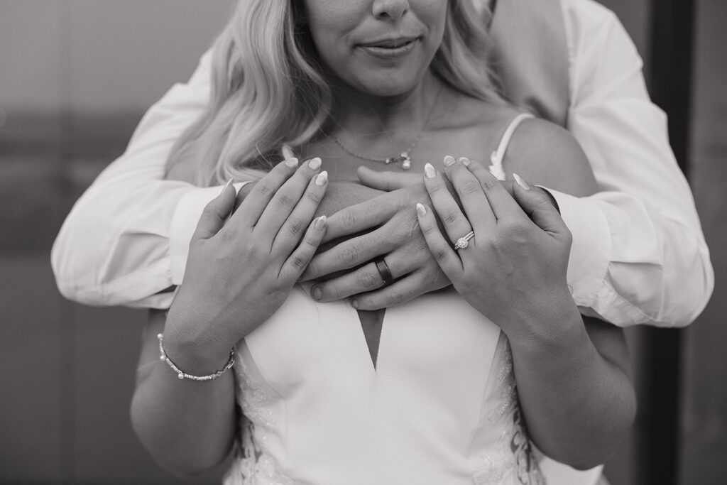 bride and groom poses romantic