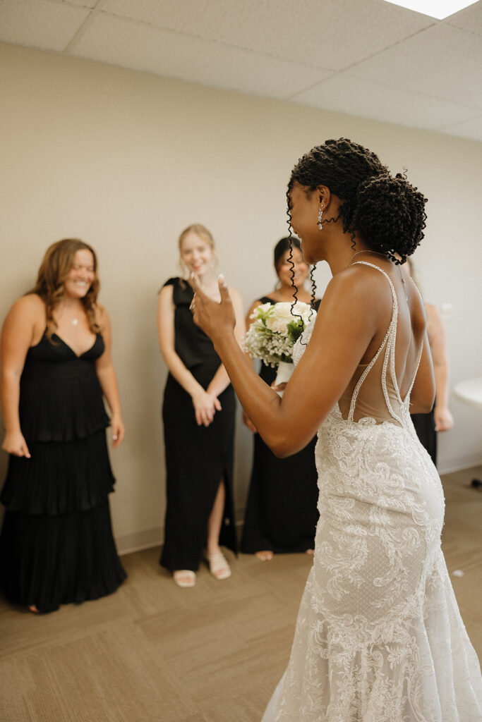 bridesmaids first look getting ready wedding photos