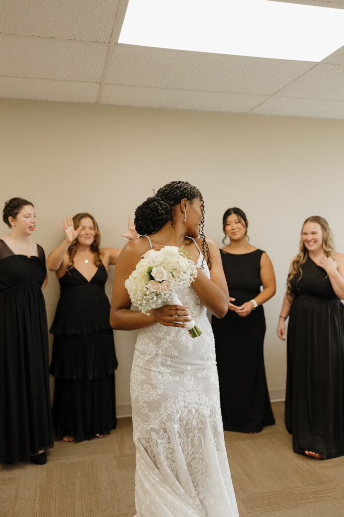 bridesmaids first look getting ready wedding photos