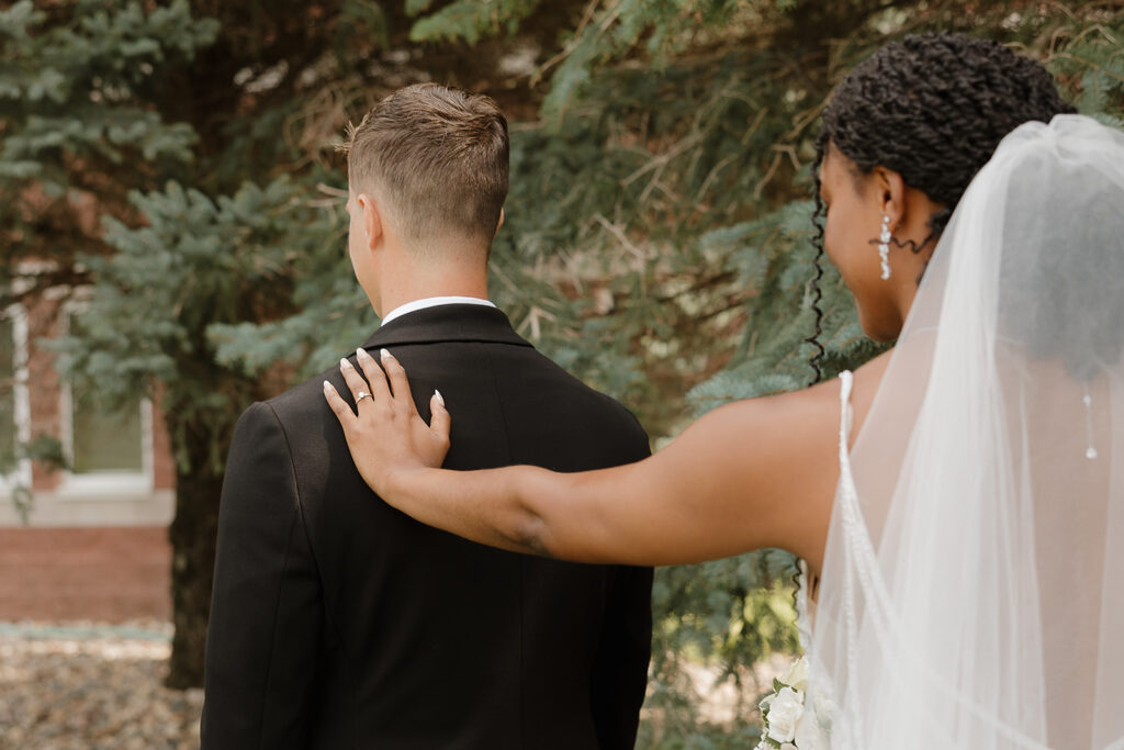 first look with bride and groom outdoor wedding photos