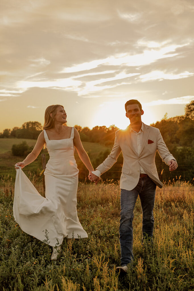 candid and playful bride and groom portraits during sunset