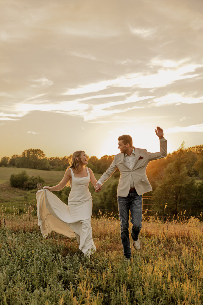 candid and playful bride and groom portraits during sunset