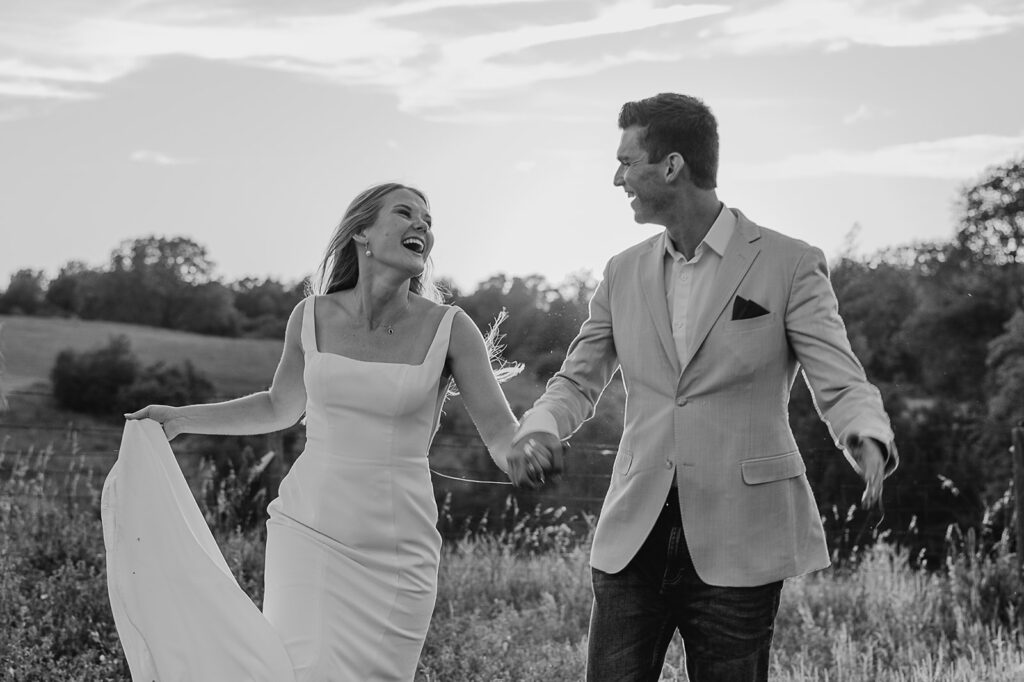 candid and playful bride and groom portraits during sunset