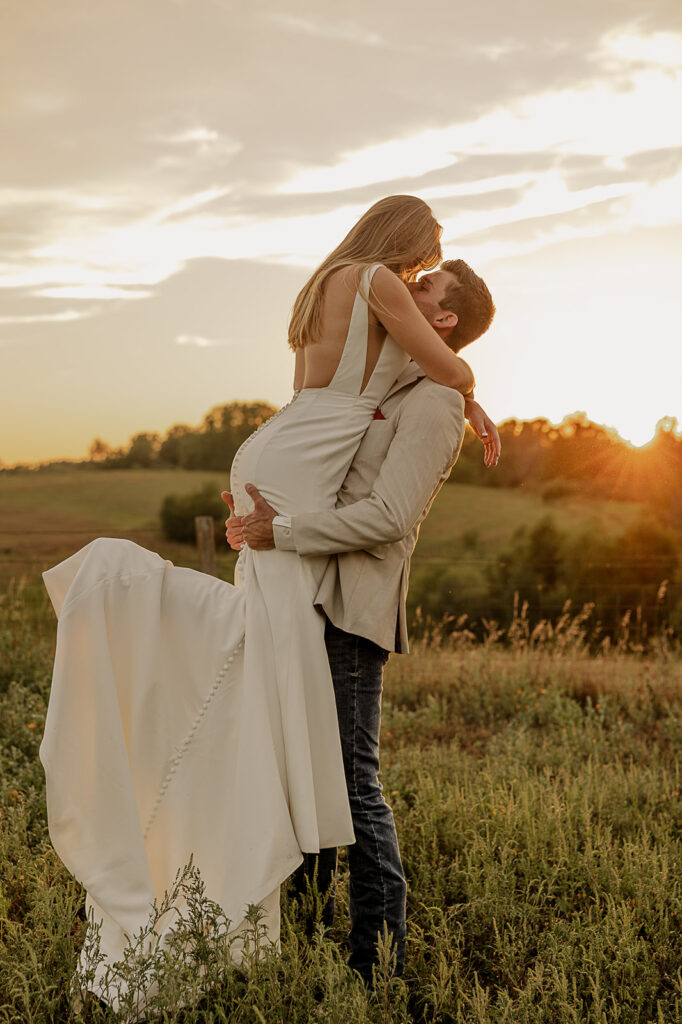 candid and playful bride and groom portraits during sunset