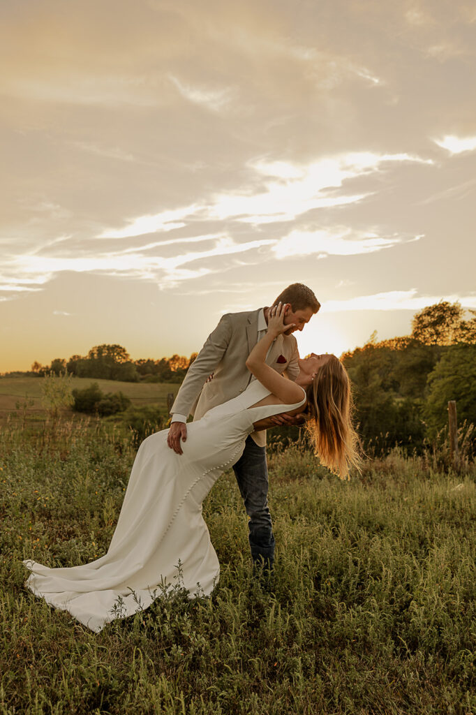 candid and playful bride and groom portraits during sunset