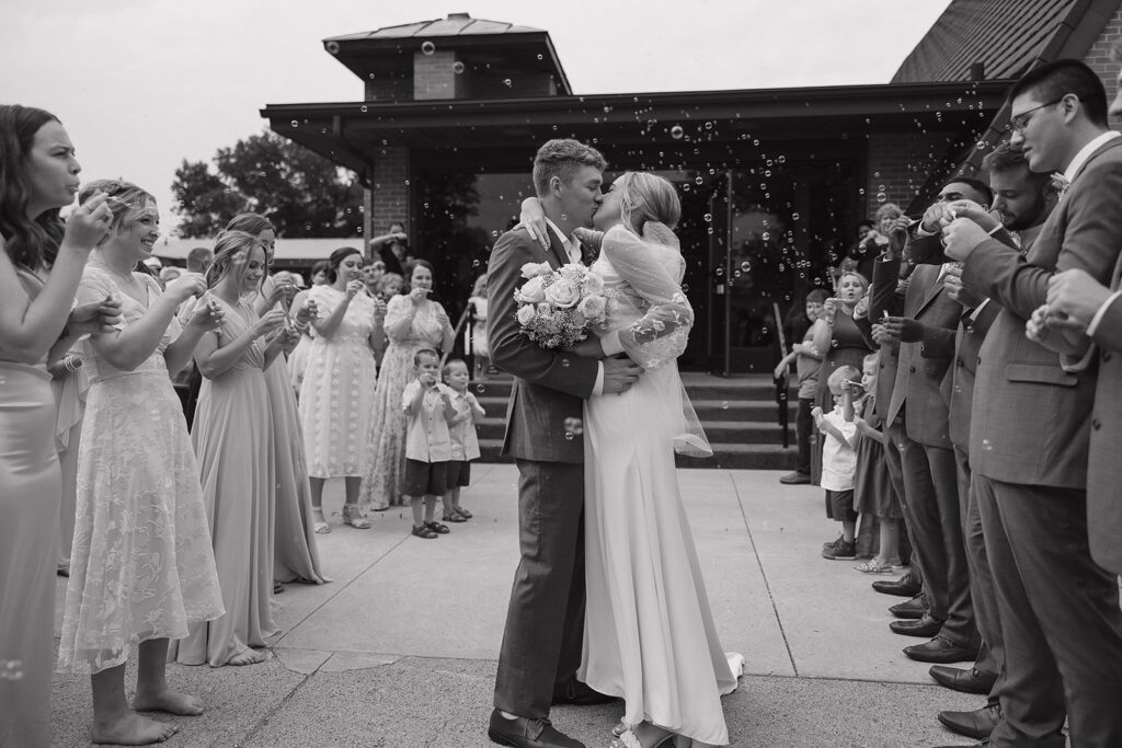 wedding exit with bubbles in des moines, iowa