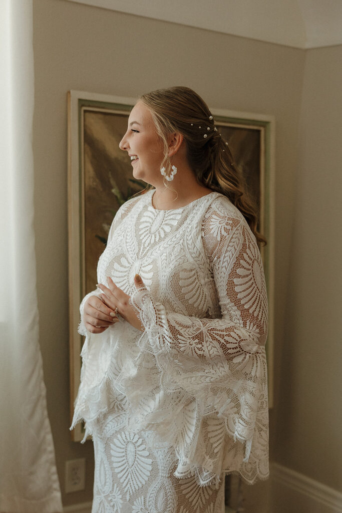 boho bride getting ready wedding photos