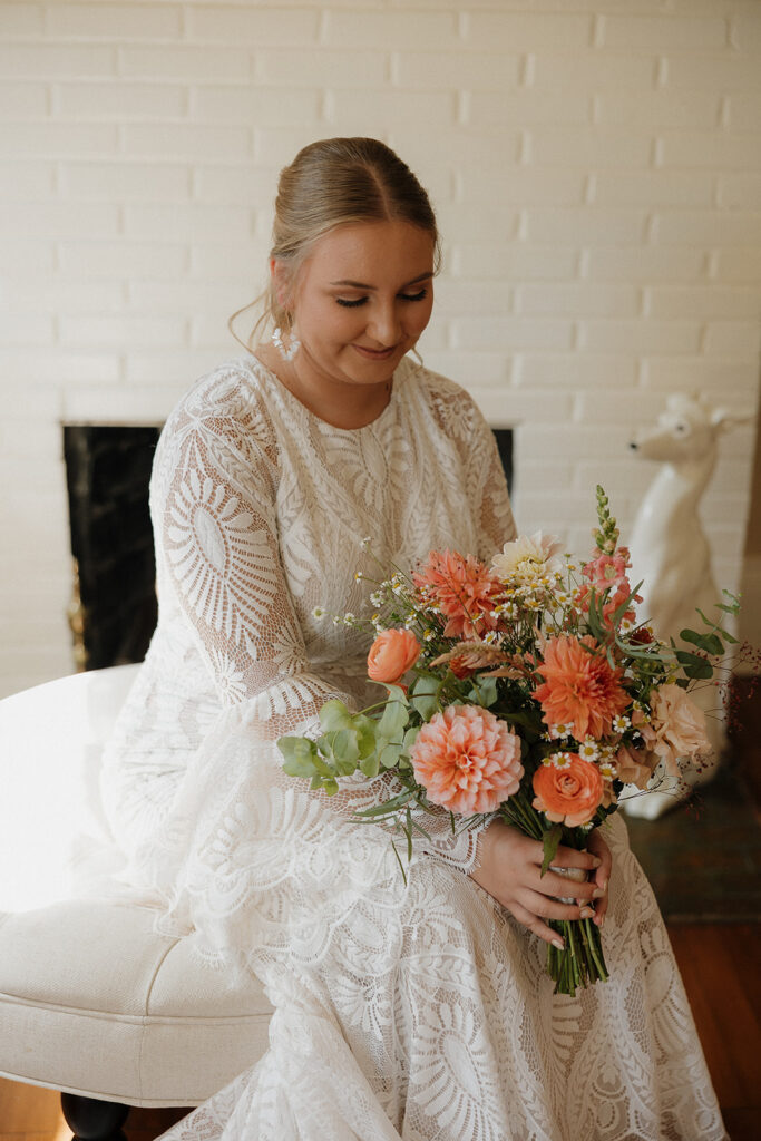 boho bride getting ready wedding photos