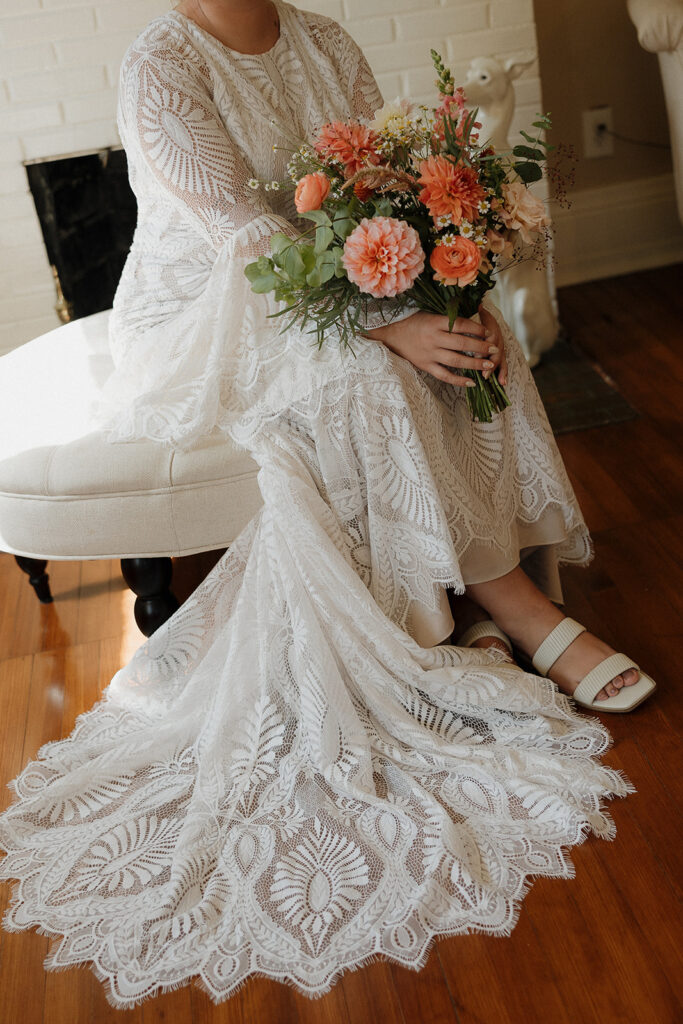 boho bride getting ready wedding photos