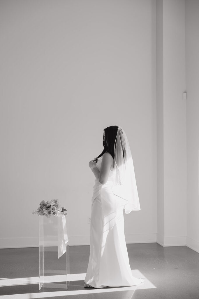 modern wedding photos with bride indoors