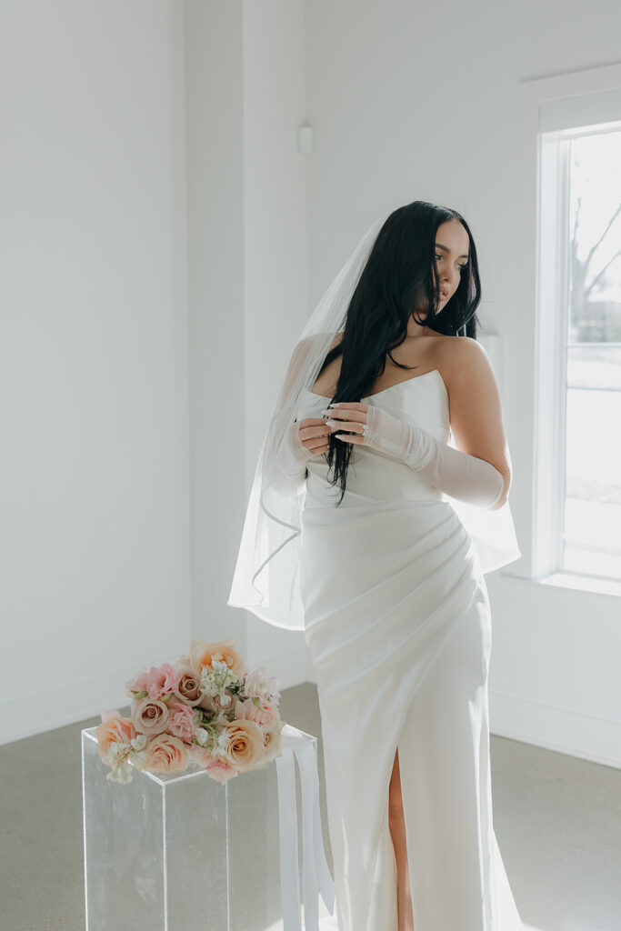 modern wedding photos with bride indoors