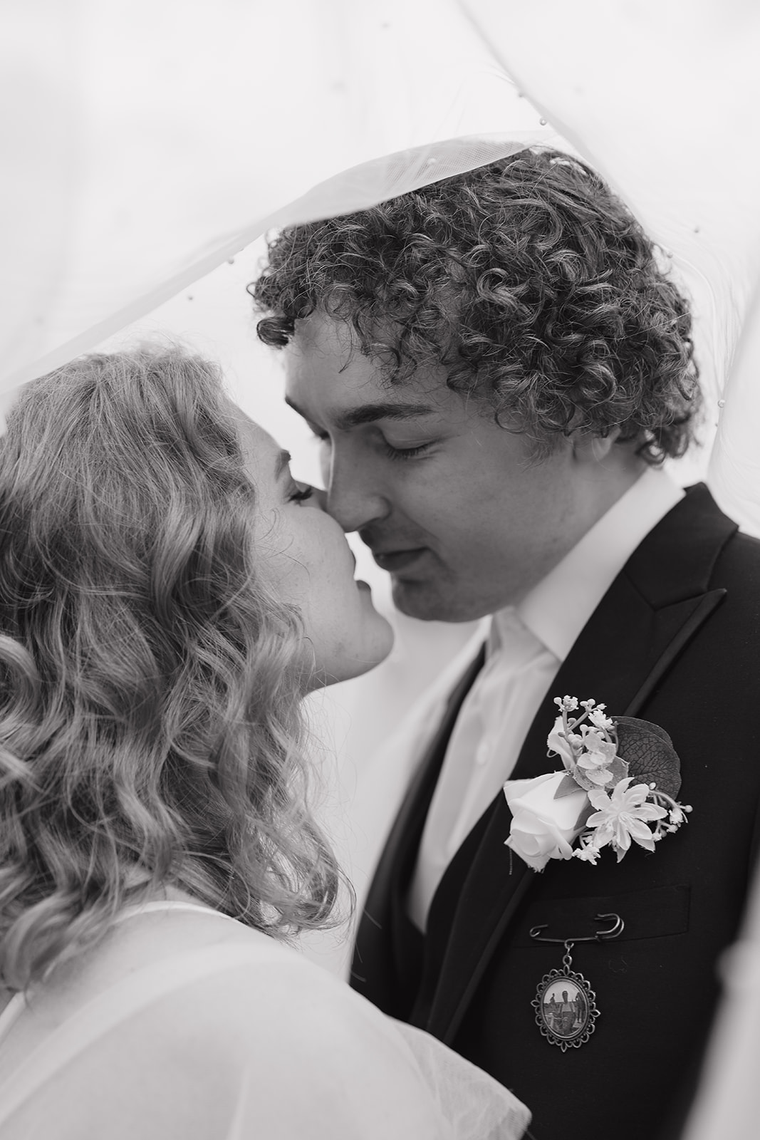 A intimate photo of the bride and groom leaning in to kiss under the bride's veil.