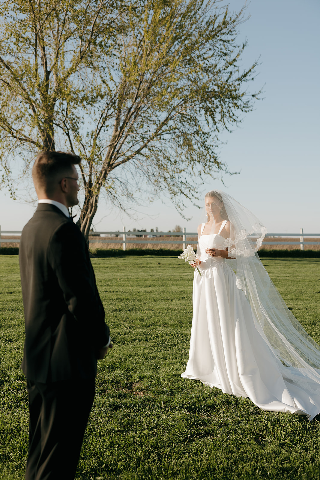 Groom seeing bride for the first time during their first look, old money wedding first look
